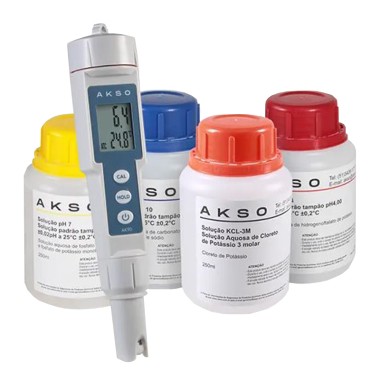 Medidor de pH de bolso (phmetro) + Soluções de pH 4, 7 e 10 e KCl (250ml cada) Medidor de pH de bolso (phmetro) + Soluções de pH 4, 7 e 10 e KCl (250ml cada)